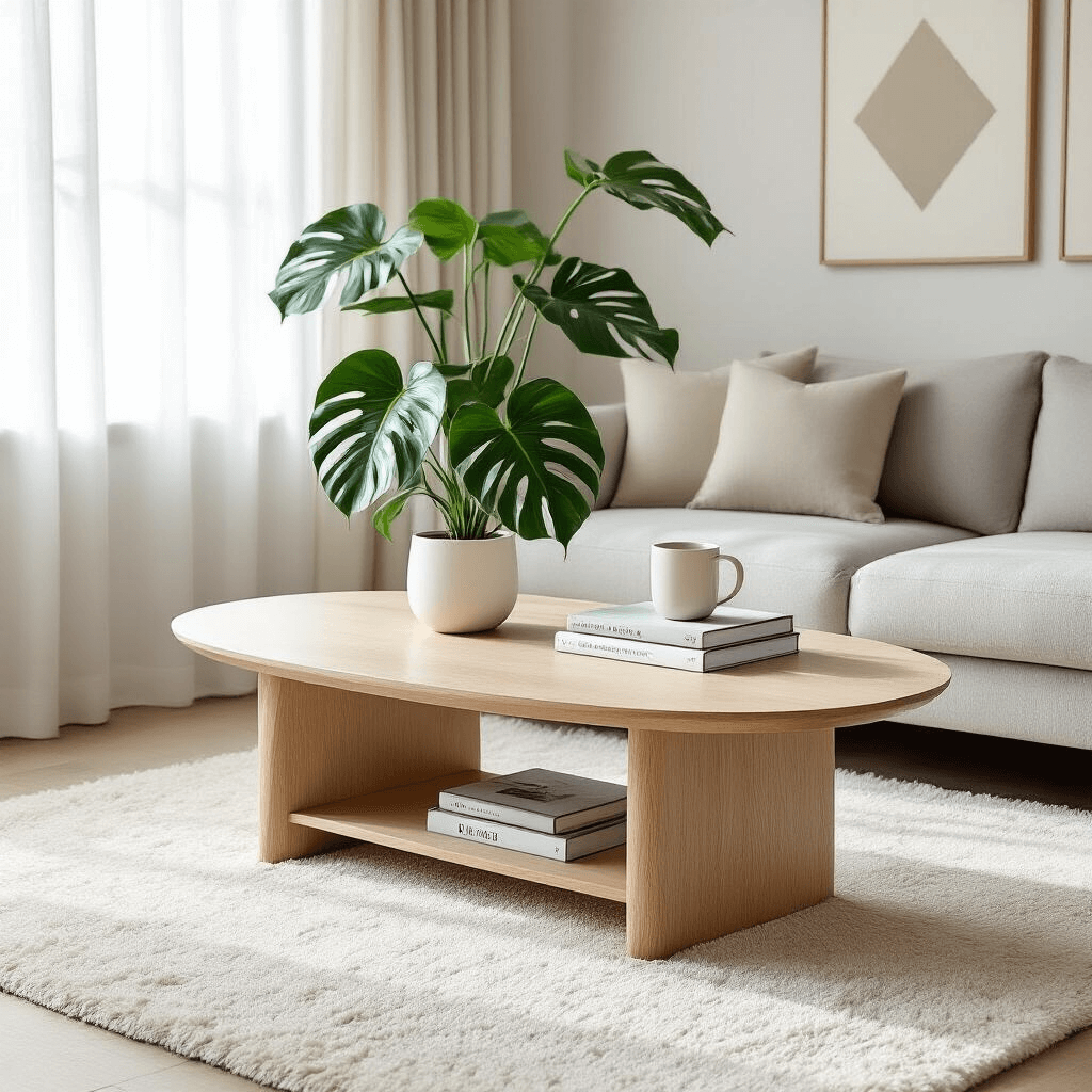 Oval Coffee Tables: The Perfect Blend of Style and Safety for Your Living Room A cozy Scandinavian-inspired living space featuring a light oak oval coffee table on a plush cream rug, surrounded by a soft gray modular sofa, a large green monstera plant, design books, and a white ceramic mug, all illuminated by soft morning light filtering through sheer white curtains.