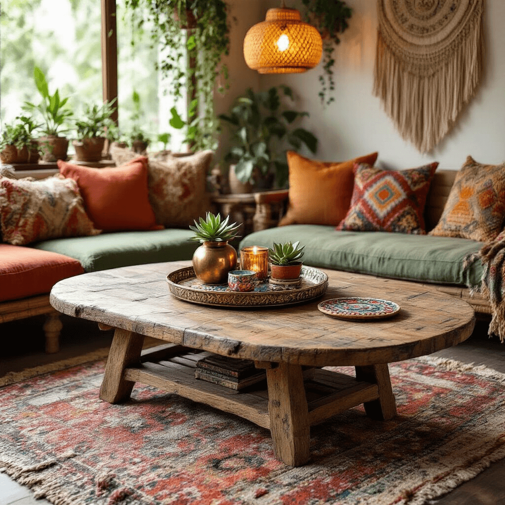 Oval Coffee Tables: The Perfect Blend of Style and Safety for Your Living Room A vibrant bohemian living room featuring a rustic reclaimed wood oval coffee table adorned with a vintage Moroccan tray, brass candle holder, potted succulent, and colorful ceramic coasters, surrounded by terracotta and sage green floor cushions, macramé wall hangings, trailing plants, fairy lights, and a woven pendant lamp.