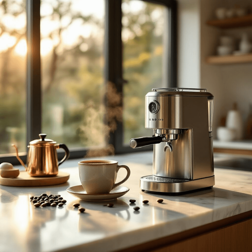 One Cup Coffee Makers: Everything You Need to Know Before Buying A luxurious mid-century modern kitchen bathed in soft morning light, featuring a stainless steel one-cup coffee maker and a cup of espresso beside a handcrafted ceramic mug, with coffee beans and a copper French press in the background, showcasing elegant design against a minimalist palette.