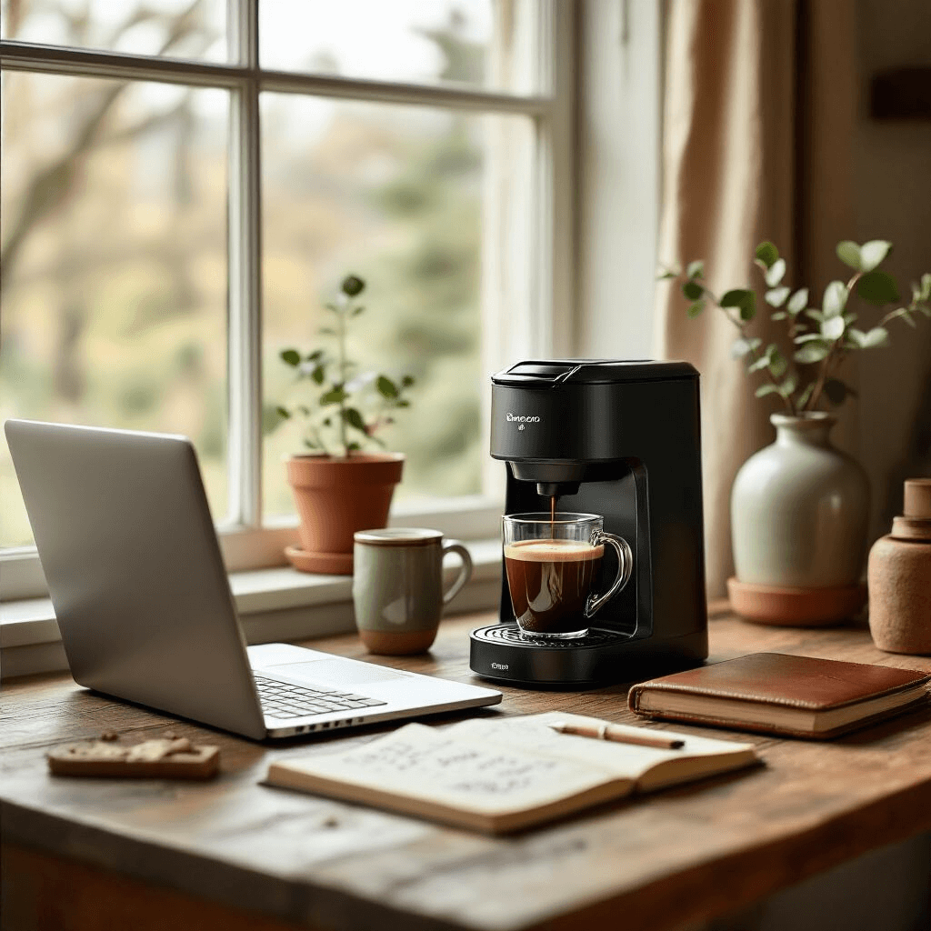 One Cup Coffee Makers: Everything You Need to Know Before Buying A cozy home office workspace featuring a compact two-in-one coffee maker beside an open laptop and handwritten notes, with soft lighting illuminating a rustic wooden desk adorned with reusable coffee pods, scattered coffee grounds, and a leather notebook, capturing the intimate moment of brewing morning coffee in muted terracotta and sage green tones.