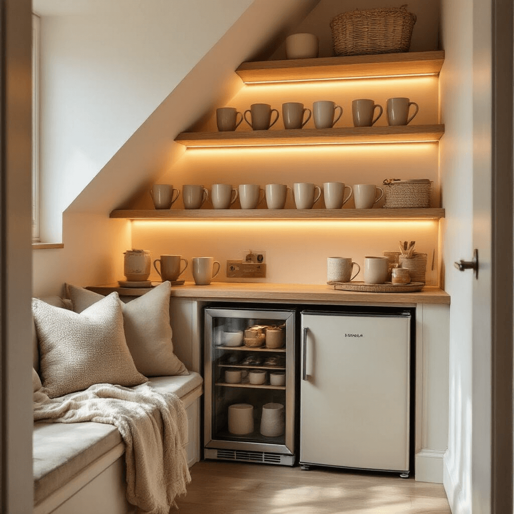 Coffee Bar Ideas That'll Make Your Morning Routine Actually Enjoyable A cozy under-stair coffee nook featuring warm LED strip lighting, open wooden shelving filled with cream and beige ceramic mugs, a compact mini fridge, and soft natural morning light, creating an inviting and functional morning space with neutral textures and curated coffee accessories.