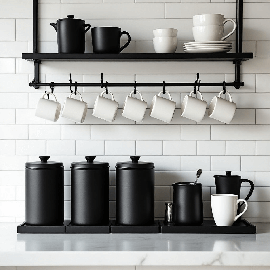 Coffee Bar Ideas That'll Make Your Morning Routine Actually Enjoyable A stylish black and white coffee bar with sleek black canisters, white mugs on black hooks, a minimalist coffee print, and crisp architectural lines, illuminated by warm golden hour lighting casting shadows.