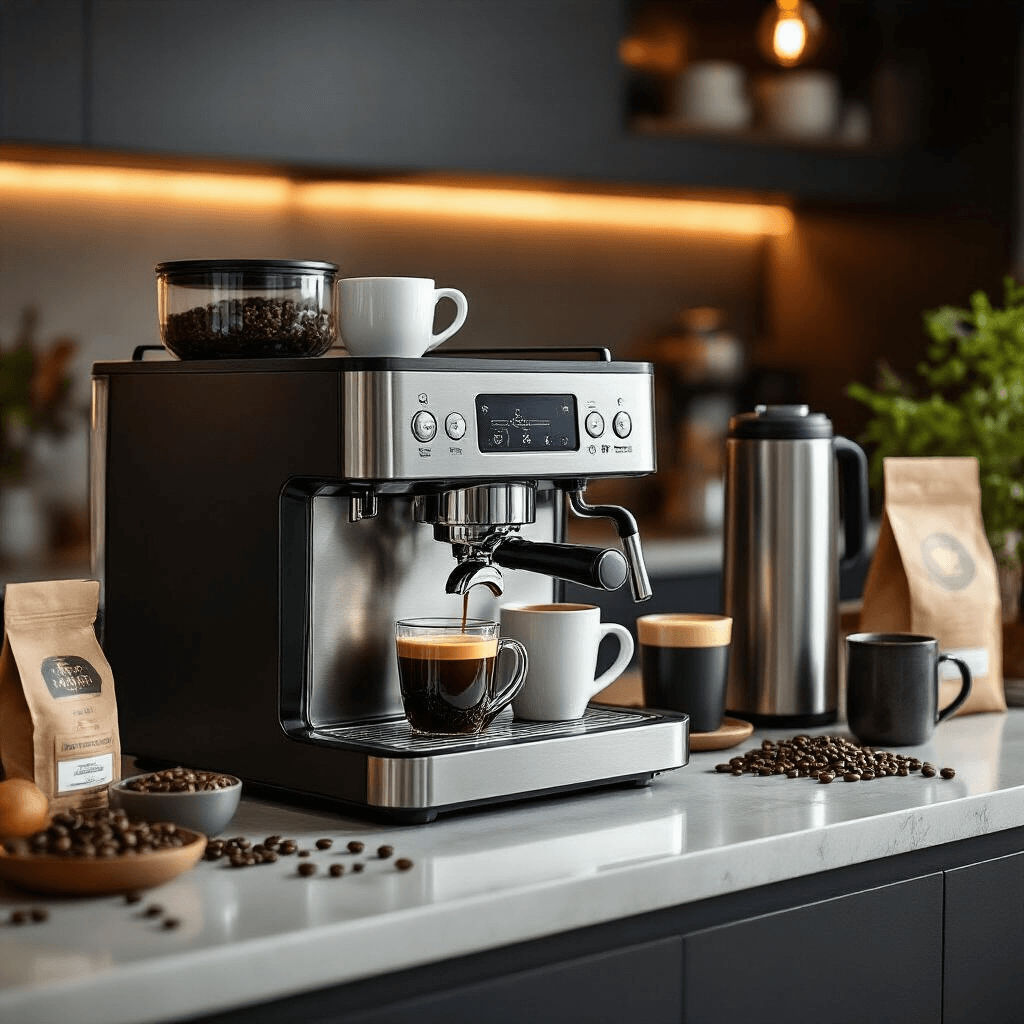 One Cup Coffee Makers: Everything You Need to Know Before Buying A vibrant modern kitchen featuring a high-end hybrid coffee system on a sleek island, showcasing various mug styles for multiple brew sizes amidst a backdrop of stainless steel appliances and ambient lighting, complemented by fresh coffee beans, a digital scale, and artisan coffee bags, all in a rich color palette of deep charcoal, burnished gold, and crisp white.