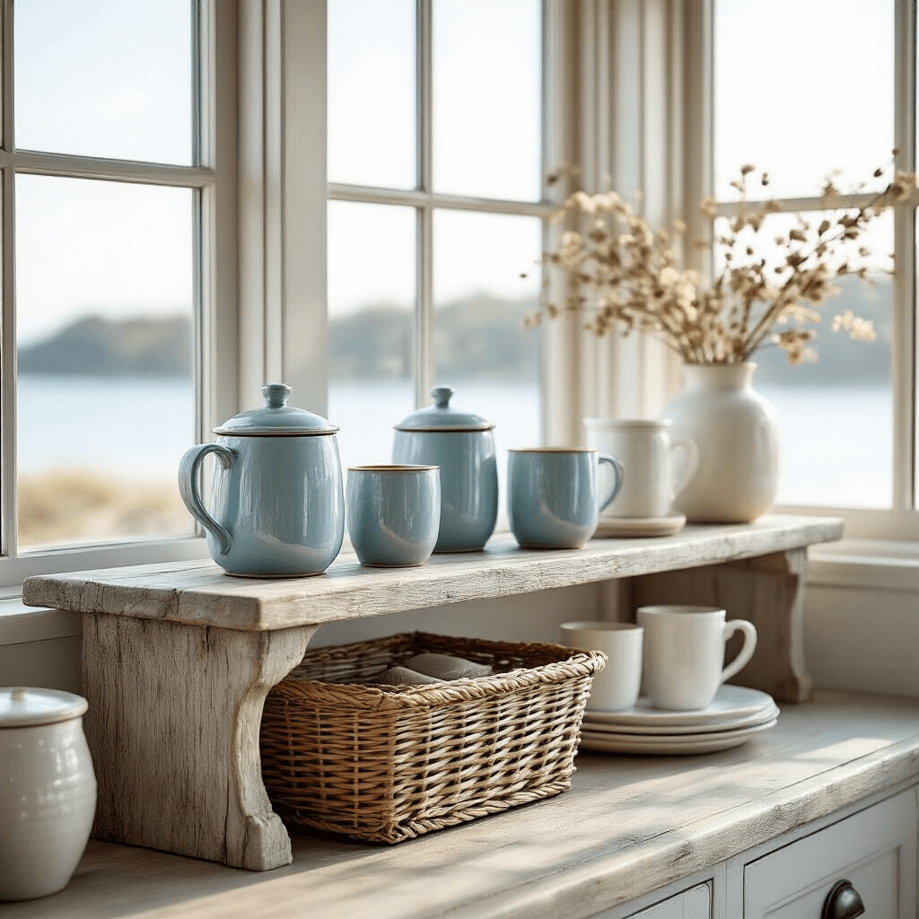 Coffee Bar Ideas That'll Make Your Morning Routine Actually Enjoyable An elegant coastal-inspired coffee station featuring weathered driftwood shelves, soft blue-gray ceramics, a woven basket for coffee storage, and white porcelain elements, illuminated by soft morning light through large windows, with marine-inspired textures for a serene morning atmosphere.
