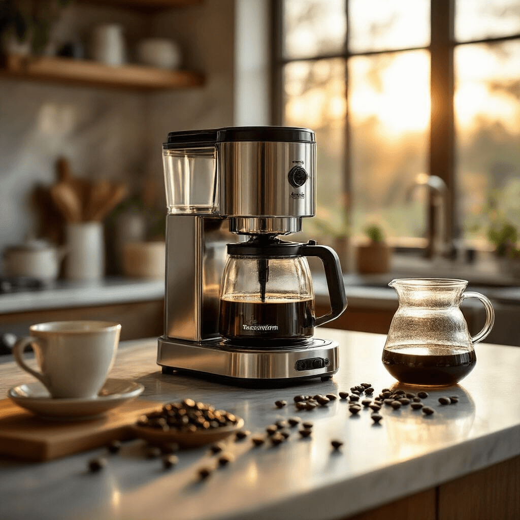 The Only Non-Toxic Coffee Makers Worth Your Money (I've Tested Dozens) A luxurious kitchen countertop at golden hour featuring a polished stainless steel Technivorm Moccamaster surrounded by fresh coffee beans, a delicate ceramic pour-over cup, and a hand-blown borosilicate glass carafe, with a marble backsplash and warm wooden elements in the background.