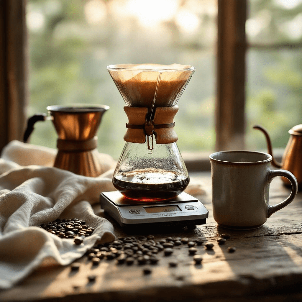 The Only Non-Toxic Coffee Makers Worth Your Money (I've Tested Dozens) An intimate pour-over coffee setup featuring a Chemex brewer on a rustic wooden table, accompanied by a precision scale, hand grinder, artisan mug, and scattered coffee beans, all illuminated by soft morning sunlight.