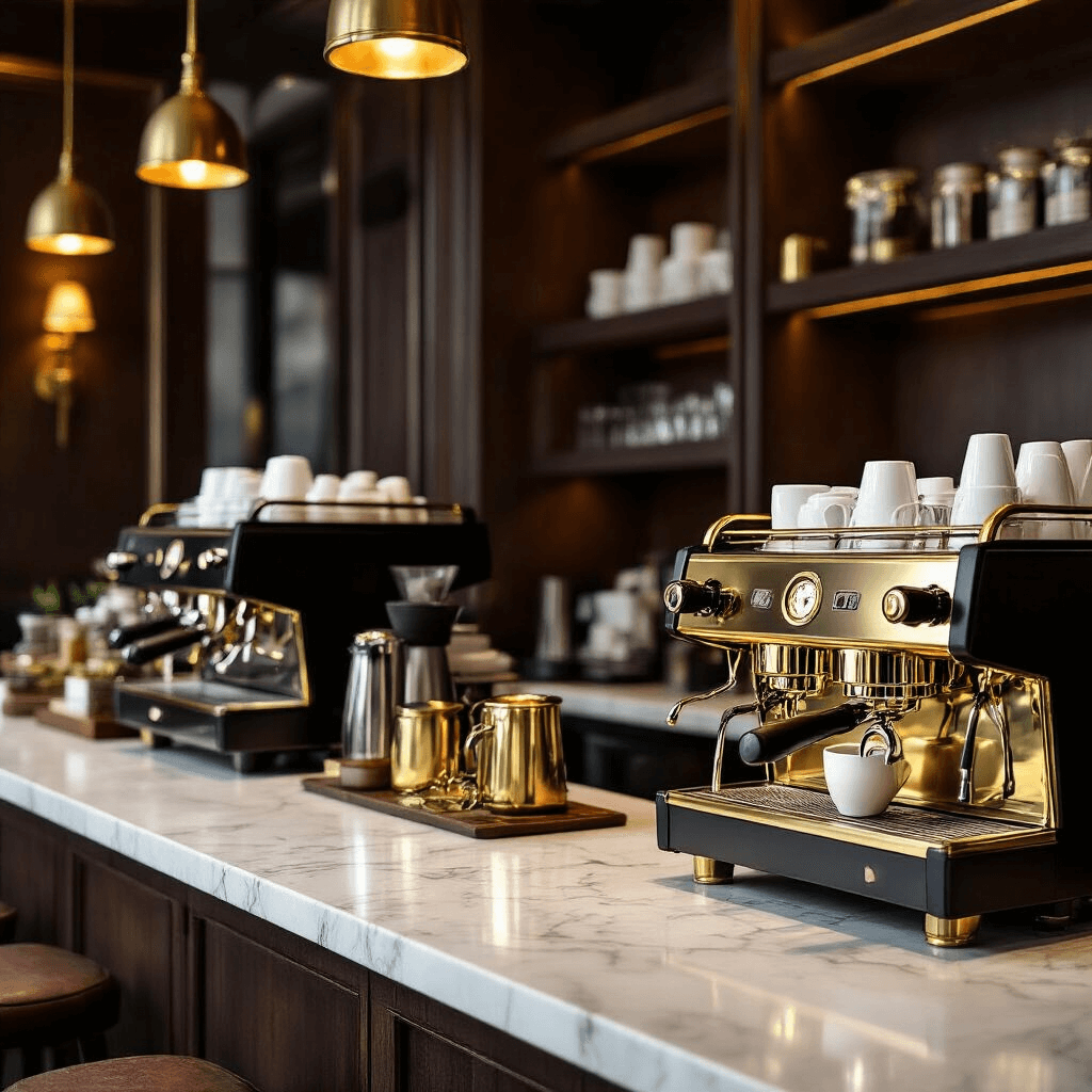 Coffee Bar Ideas That'll Make Your Morning Routine Actually Enjoyable A sophisticated coffee bar in a luxury hotel style, showcasing dark wood surfaces, a marble countertop, brass accents, and gold-trimmed espresso equipment, all arranged with minimalist precision under soft ambient lighting.