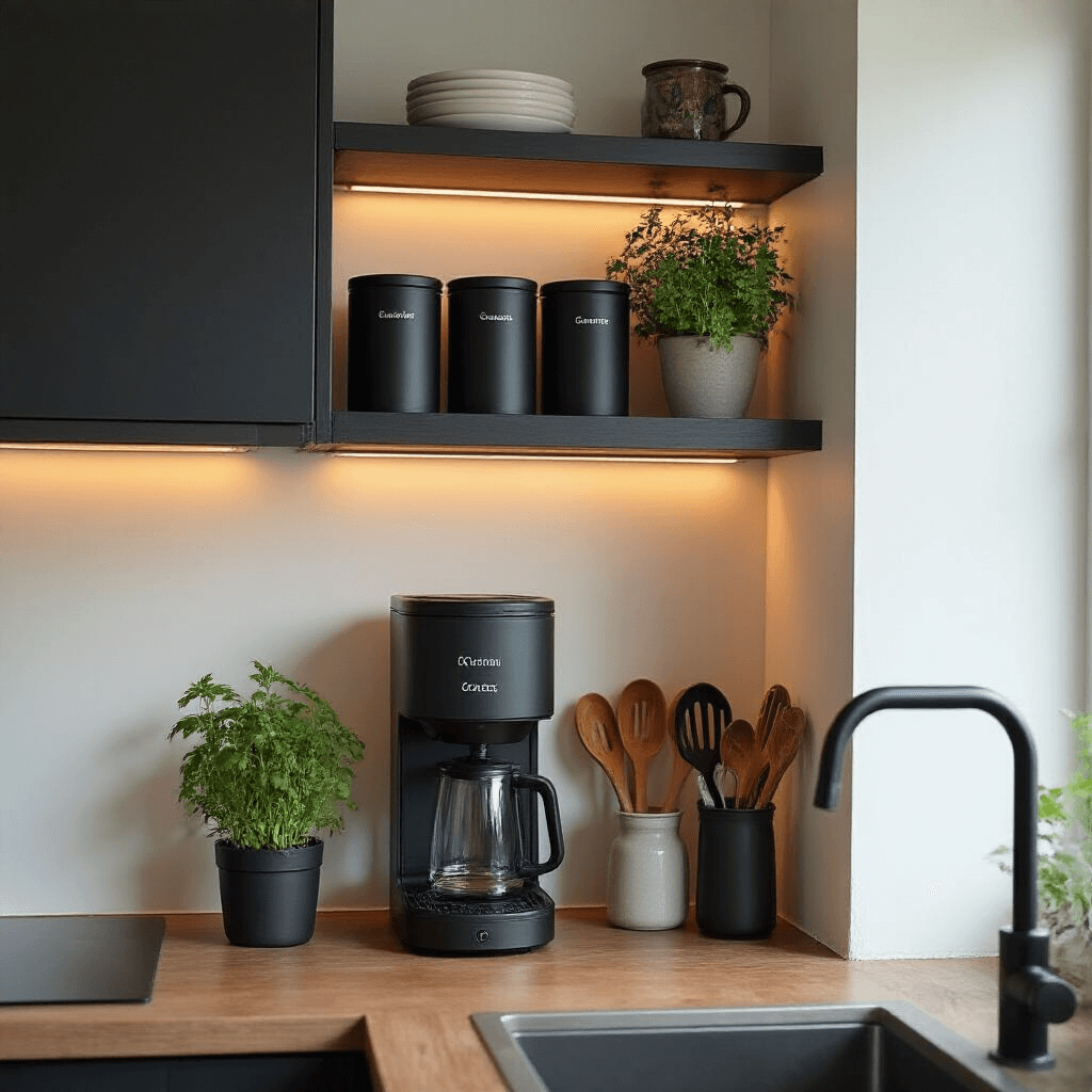 Coffee Bar Ideas That'll Make Your Morning Routine Actually Enjoyable A compact vertical coffee nook featuring wall-mounted matte black shelving, matching canisters, and tools within reach, accented by a small potted herb and warm integrated lighting, set in a minimalist urban kitchen.