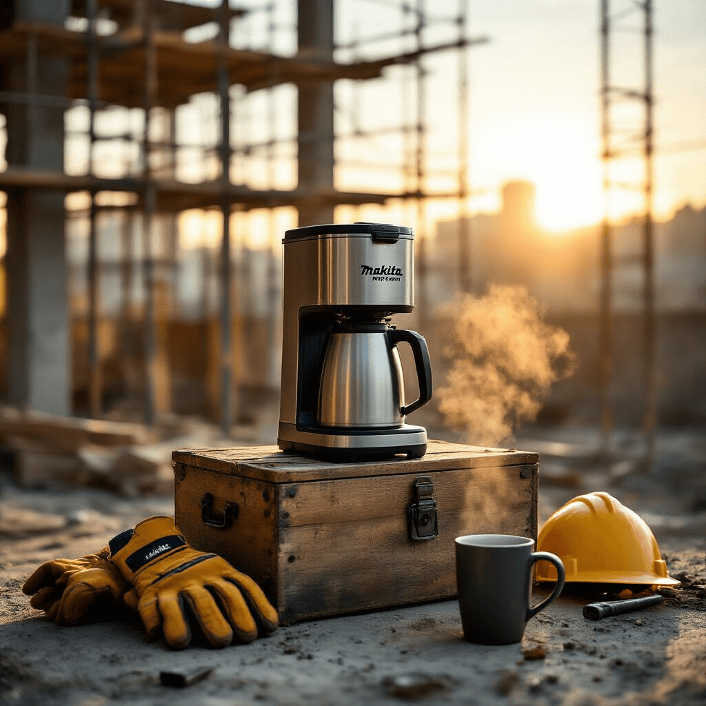 The Makita Coffee Maker: Your Worksite Brew Just Got Serious A rugged outdoor worksite at golden hour with a Makita coffee maker on a weathered wooden toolbox, surrounded by work gloves, hard hats, and scattered tools, illuminated by soft sunlight filtering through scaffolding, with a steaming coffee mug in the foreground.