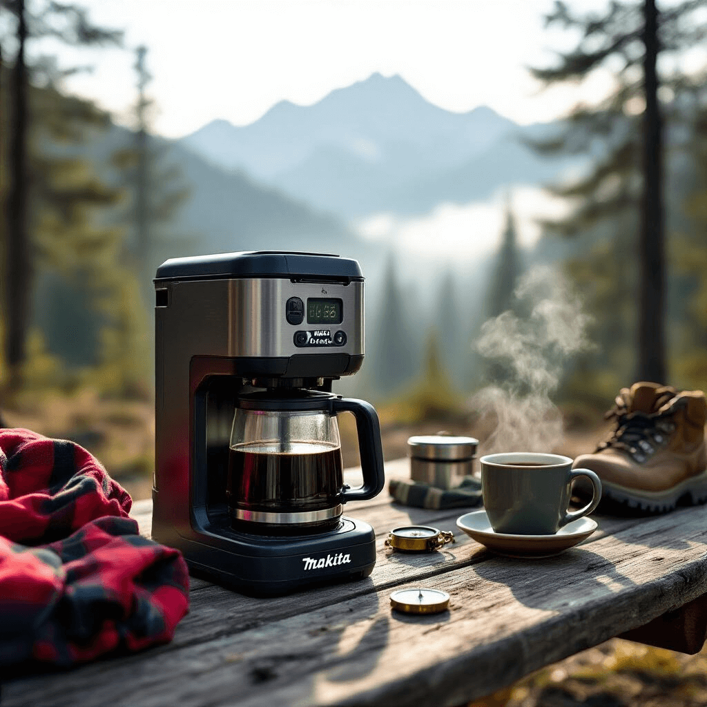 The Makita Coffee Maker: Your Worksite Brew Just Got Serious Close-up of a Makita battery-powered coffee maker on a rustic picnic table in a wilderness setting, with steam rising from a coffee cup; surrounded by a red flannel jacket, hiking boots, and a compass, with a misty mountain backdrop.