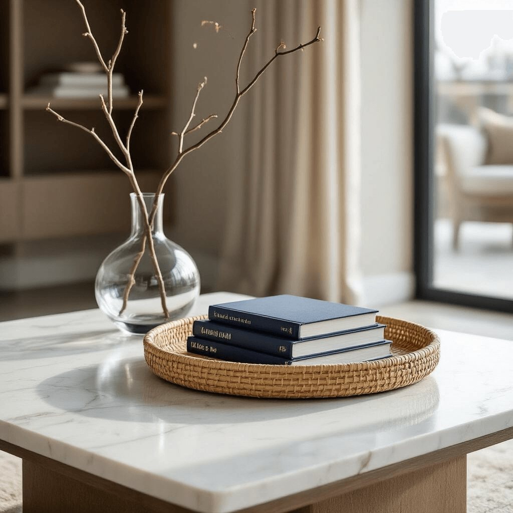 How to Style a Rectangular Coffee Table Like a Design Pro A minimalist modern coffee table featuring a white marble surface divided into three zones, including a round rattan tray with navy and cream design books, and a tall glass vase with a single branch, all beautifully lit by soft golden hour light.