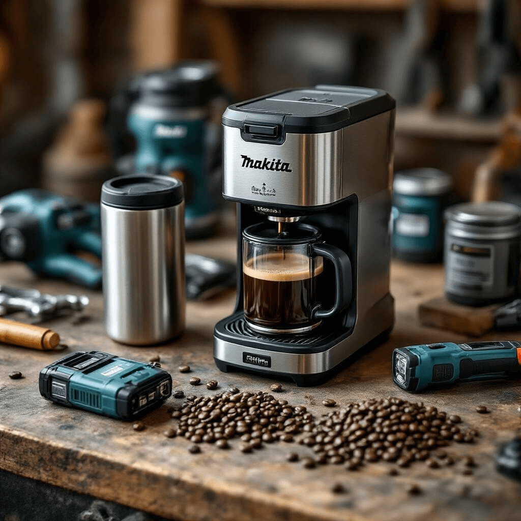 The Makita Coffee Maker: Your Worksite Brew Just Got Serious An overhead view of a Makita coffee maker surrounded by power tool batteries, a stainless steel travel mug, and freshly ground coffee beans on a textured workbench, illuminated by soft lighting that highlights the metallic textures and design.
