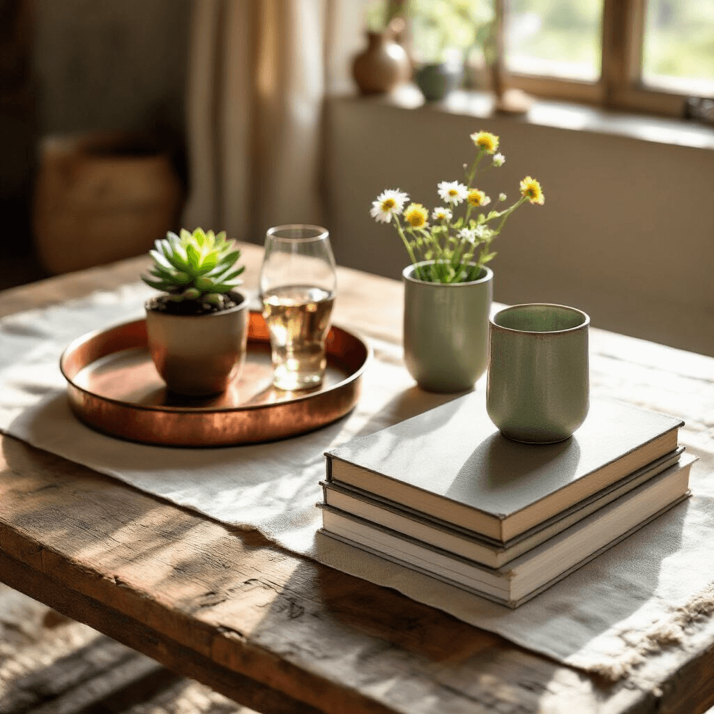 How to Style a Rectangular Coffee Table Like a Design Pro Rustic farmhouse-style coffee table in warm light, featuring a vintage copper tray with oversized art books and a potted succulent, matte sage green ceramic candle holders, fresh wildflowers, and a soft linen runner, creating a cozy, intentional aesthetic.