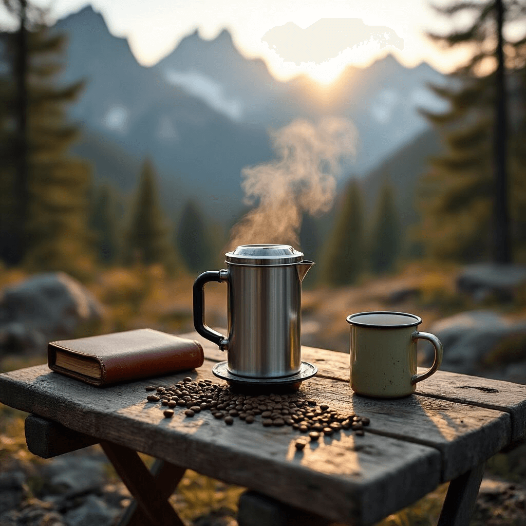 The Only Camping Coffee Maker Guide You'll Actually Need (Tested by Someone Who Can't Function Without Caffeine) A serene golden-hour mountain campsite featuring a stainless steel AeroPress Go, steam rising against pine forests and granite peaks, with a rustic wooden table holding a weathered enamel mug, scattered coffee beans, and a vintage leather journal, all illuminated by soft morning light and morning dew on rocks and vegetation.