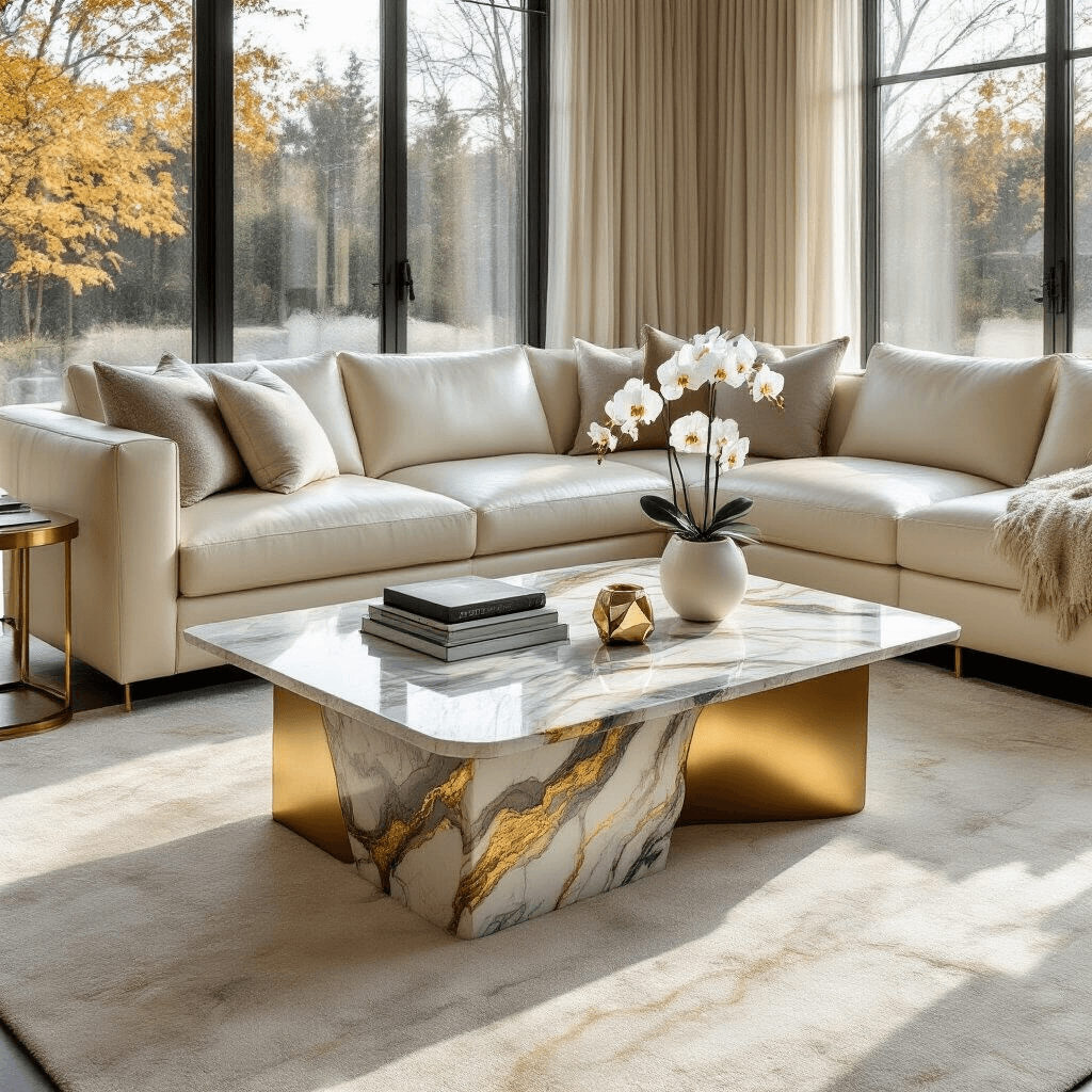Stone Coffee Tables: Everything You Need to Know Before Buying One A luxurious living room featuring a marble coffee table with grey and gold veins on a cream area rug, bathed in golden hour light. Surrounding the table are an ivory leather sectional sofa, brass side tables, coffee table books, a single orchid in a white vase, and a geometric candle holder.