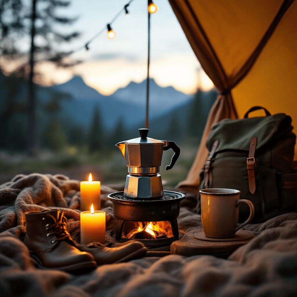 The Only Camping Coffee Maker Guide You'll Actually Need (Tested by Someone Who Can't Function Without Caffeine) An intimate campground evening setup with a Bialetti Moka pot on a cast iron stove, warm candlelight and string lights illuminating a vintage tent, a handcrafted ceramic mug filled with rich espresso, surrounded by wool blankets, leather camping boots, and a forest green backpack, against a backdrop of distant mountain silhouettes under a twilight sky.