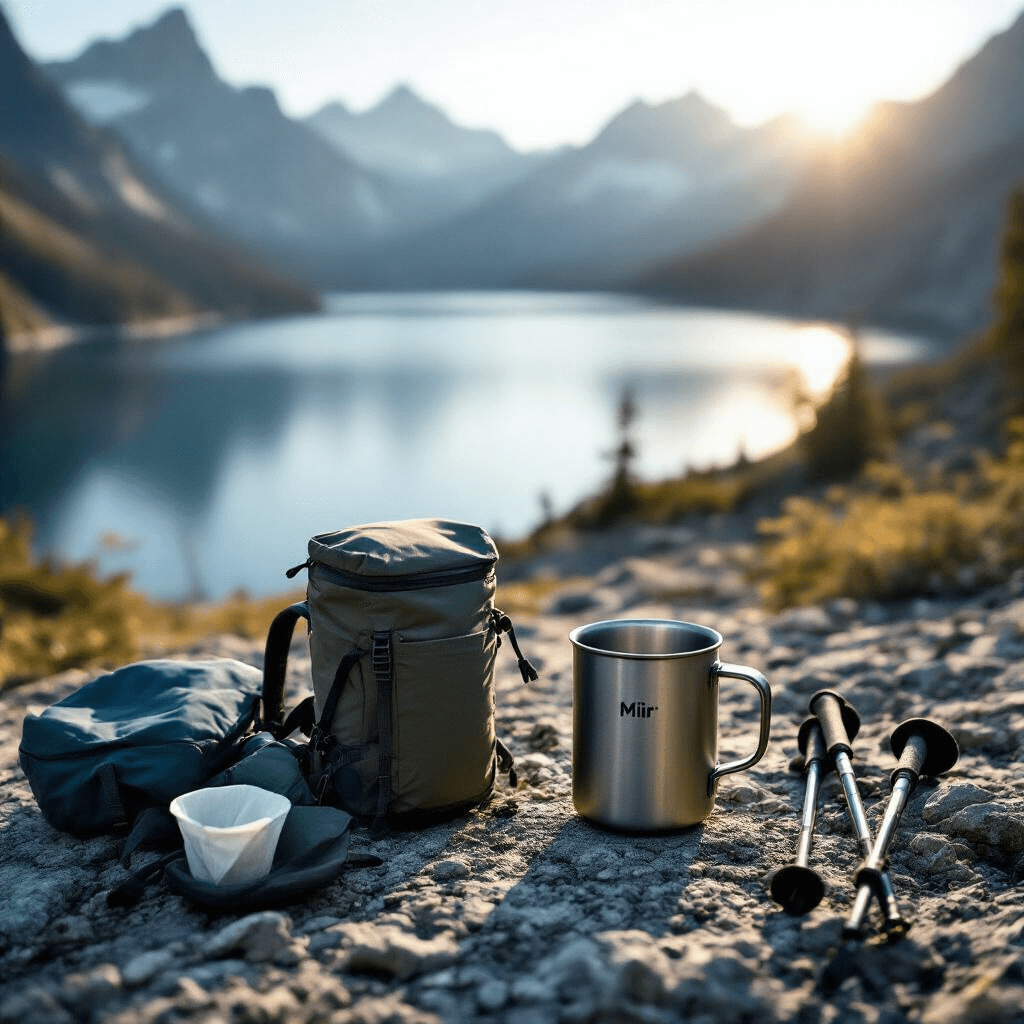 The Only Camping Coffee Maker Guide You'll Actually Need (Tested by Someone Who Can't Function Without Caffeine) A minimalist ultralight backpacking scene showcasing a MiiR Pourigami on a titanium camp mug by an alpine lake, with morning sunlight highlighting lightweight gear like merino wool layers and carbon fiber trekking poles, emphasizing the simplicity of wilderness coffee preparation.