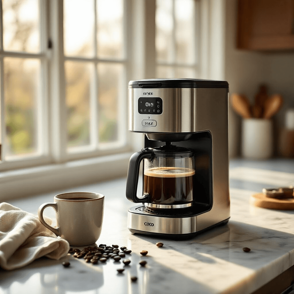The OXO 8 Cup Coffee Maker Stole My Morning Routine (And I'm Not Mad About It) A sleek stainless steel OXO coffee maker on a marble kitchen countertop, surrounded by scattered coffee beans, a folded linen towel, and a minimalist ceramic mug filled with coffee, illuminated by soft morning light from large windows, captured from a 45-degree overhead angle.