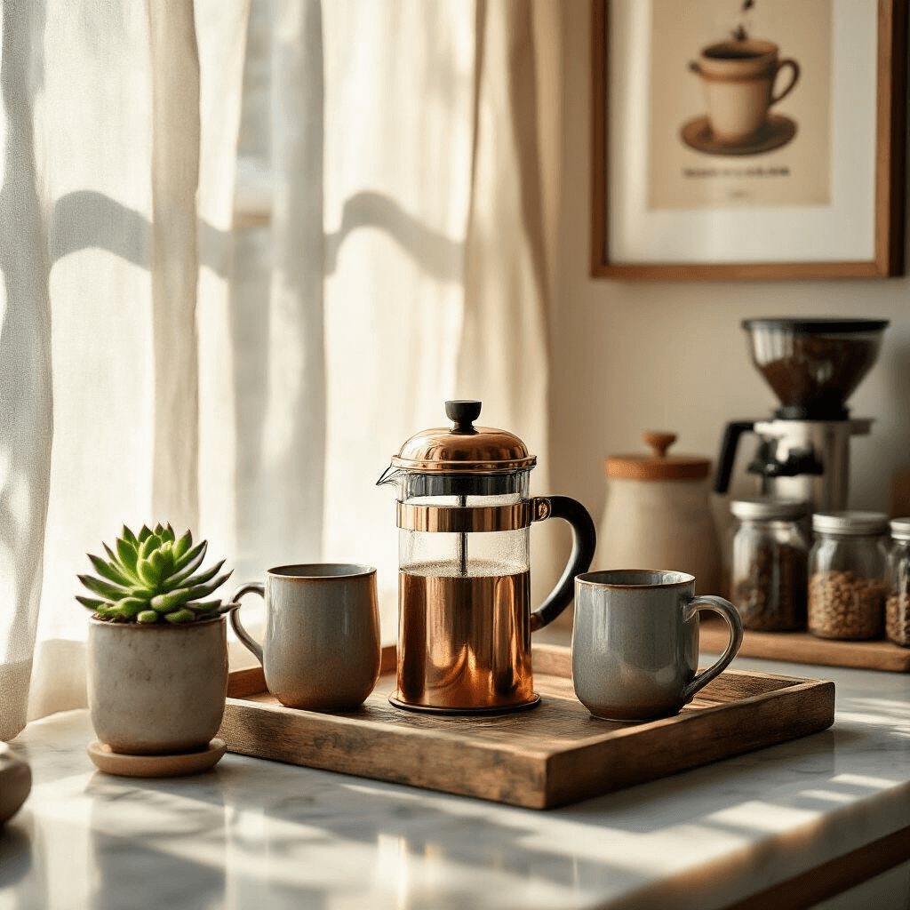 How I Built My Dream Coffee Bar at Home (And Why You Should Too) A cozy coffee bar scene at golden hour featuring a rustic wooden tray with a copper French press, artisan ceramic mugs, and a small succulent, illuminated by soft morning light filtering through gauzy curtains, with a vintage coffee art print and organized glass bean containers on a marble countertop.