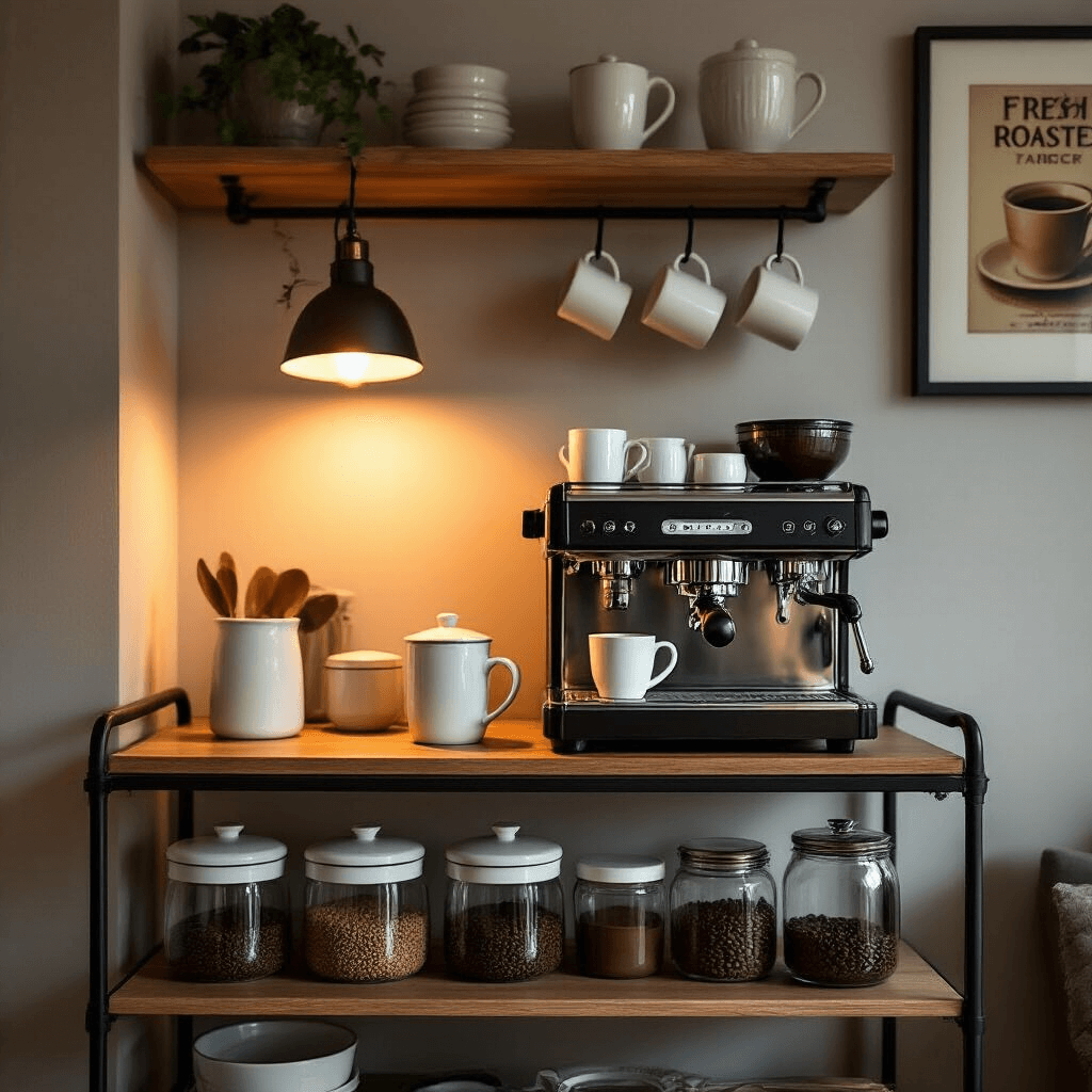 How I Built My Dream Coffee Bar at Home (And Why You Should Too) An intimate coffee nook in a modern apartment features a rolling bar cart with white ceramic containers and a state-of-the-art espresso machine, accompanied by hanging mug hooks under a floating shelf. Warm ambient lighting from a designer lamp enhances the moody atmosphere, while a framed vintage coffee advertisement and fresh roasted beans in glass jars add character and sophistication.