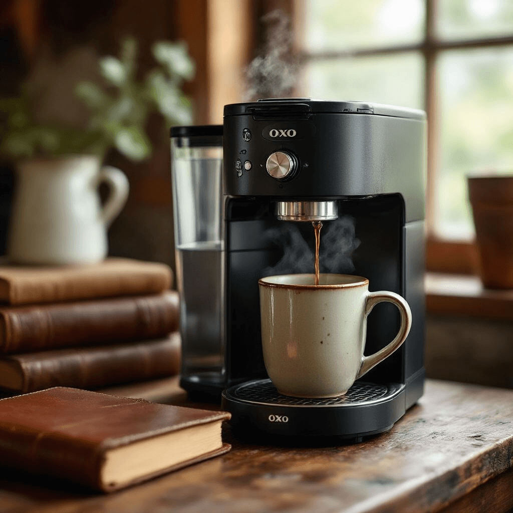 The OXO 8 Cup Coffee Maker Stole My Morning Routine (And I'm Not Mad About It) Close-up of a rustic wooden table featuring an OXO coffee maker brewing a single-serve coffee, with a steaming travel mug beneath the brewing basket and a vintage leather-bound notebook nearby; soft natural light highlights the scene, capturing steam and water droplets on the machine.