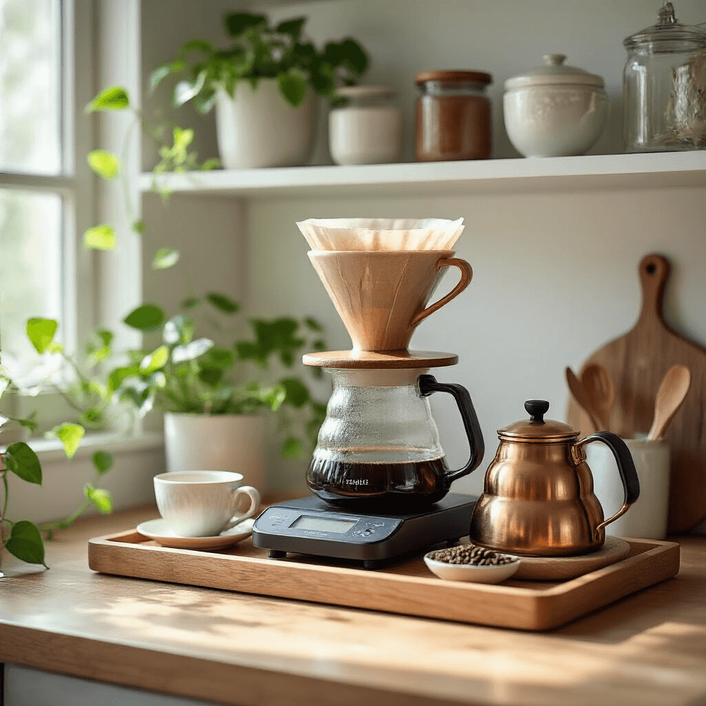 How I Built My Dream Coffee Bar at Home (And Why You Should Too) A cozy kitchen corner coffee station with a pour-over setup, featuring a ceramic dripper, digital scale, and wooden accessories, illuminated by natural daylight. The tray holds fresh ground beans, a copper kettle, and porcelain cups, while a pothos plant adds a touch of greenery. Clean white shelving displays curated brewing tools and glassware.