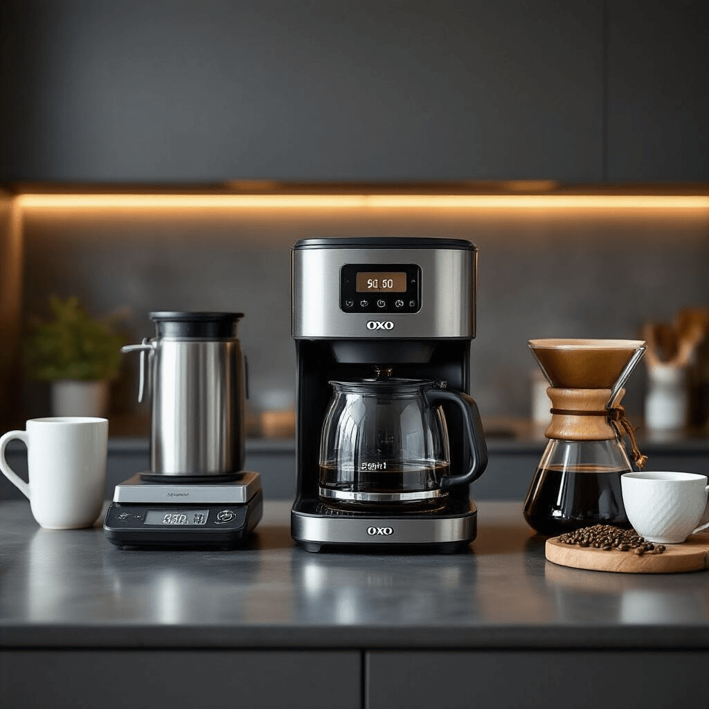The OXO 8 Cup Coffee Maker Stole My Morning Routine (And I'm Not Mad About It) A modern kitchen featuring an OXO coffee maker on a charcoal gray countertop, accompanied by a digital scale, burr grinder, and artisan ceramic pour-over tools, illuminated by dramatic side lighting that enhances the minimalist design and metallic finishes.