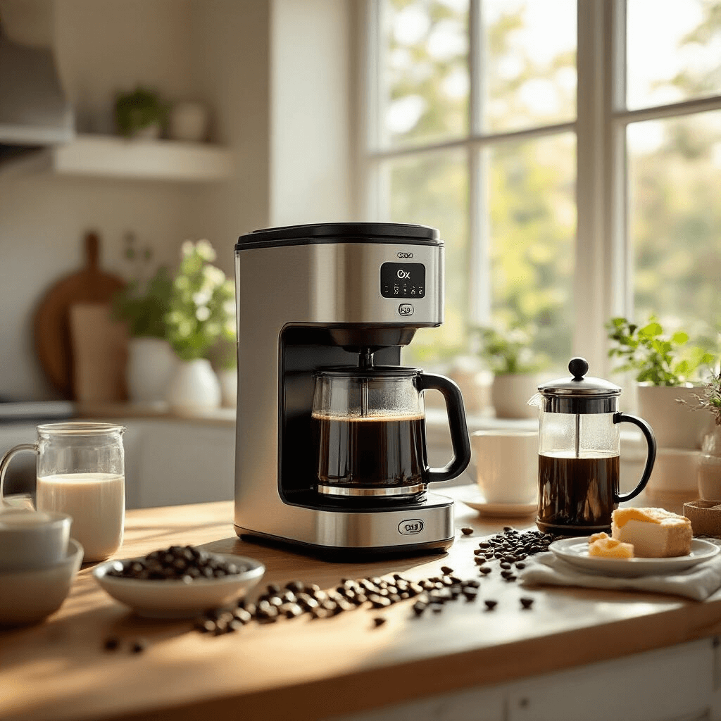 The OXO 8 Cup Coffee Maker Stole My Morning Routine (And I'm Not Mad About It) A bright and airy kitchen featuring an OXO coffee maker bathed in morning sunlight, surrounded by a half-prepared breakfast scene with scattered coffee beans, a French press, and a styled morning tableau in soft, natural colors.