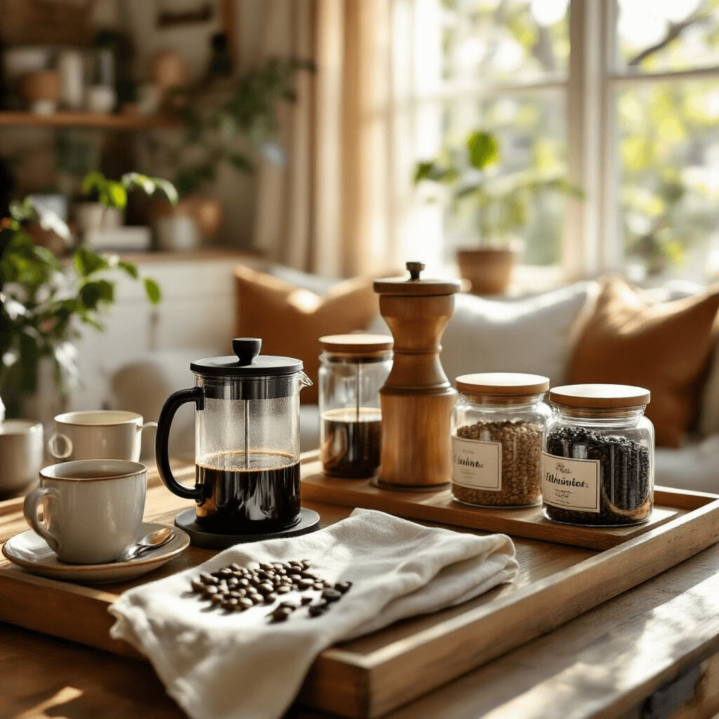 How I Built My Dream Coffee Bar at Home (And Why You Should Too) A cozy living room bar cart scene featuring a French press, hand-operated burr grinder, and various specialty coffee beans in labeled glass containers, accompanied by soft linen napkins, a wooden serving tray, and mismatched vintage mugs, all bathed in warm sunlight.