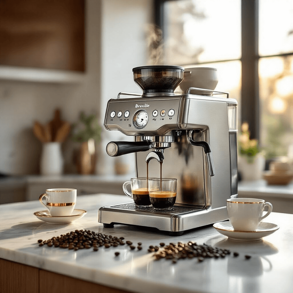 I Finally Figured Out Coffee and Espresso Makers (And You Can Too) A luxurious modern kitchen at golden hour, showcasing a stainless steel Breville Barista Express espresso machine on a marble countertop, with soft natural light highlighting freshly ground coffee beans near a premium burr grinder and delicate porcelain espresso cups with copper rims, steam rising from a perfectly pulled espresso shot in a blurred elegant kitchen background of wood and white tones.