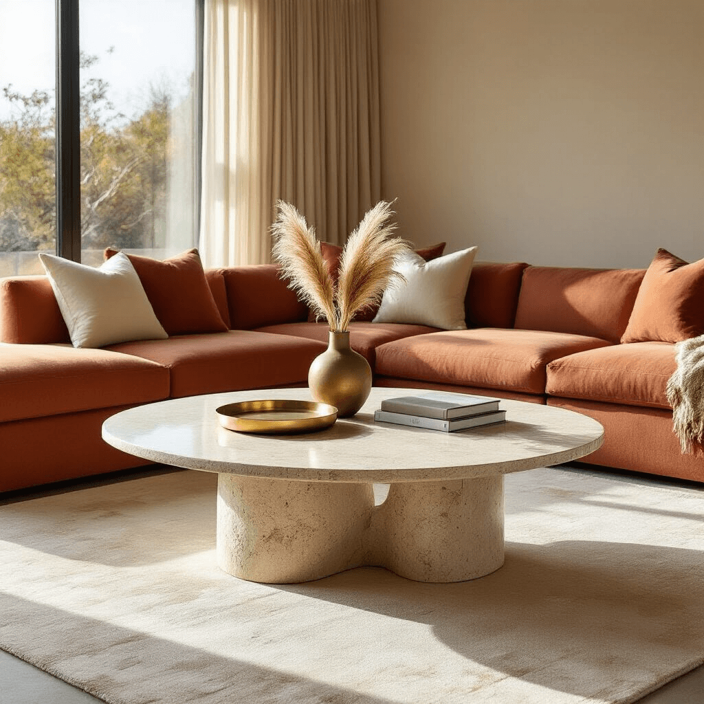 Travertine Coffee Tables: Everything You Need to Know Before You Buy A luxurious living room featuring a large oval travertine coffee table on a cream area rug, bathed in golden hour sunlight. The table is styled with a brass decorative tray, a sculptural vase with dried pampas grass, and stacked art books. Surrounding it is a terracotta linen sectional with ivory cushions, all captured from a slight overhead angle to emphasize the table's texture and design.