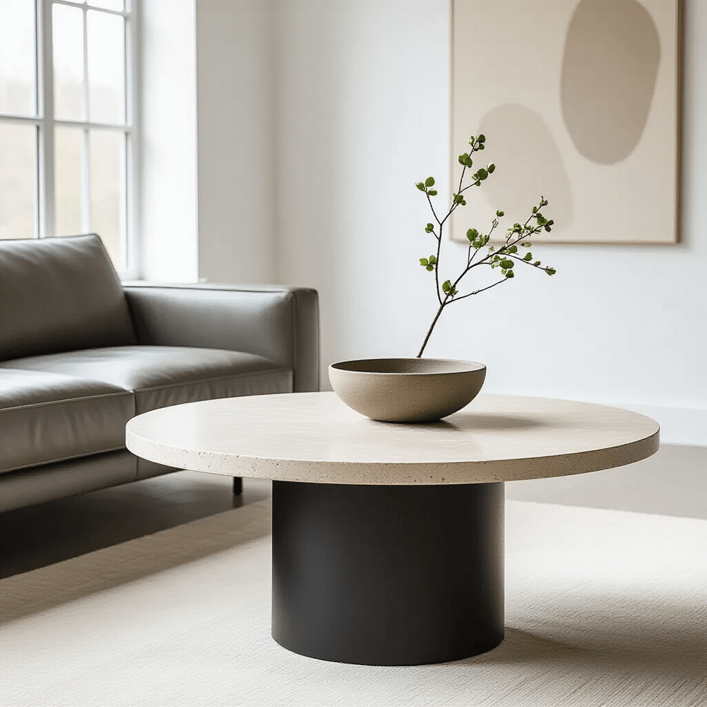 Travertine Coffee Tables: Everything You Need to Know Before You Buy A bright minimalist room featuring a round travertine coffee table with a matte black pedestal base, topped with an organic ceramic bowl and delicate green dried branches. A gray leather sofa and abstract art piece complement the serene ambiance, illuminated by soft natural light.