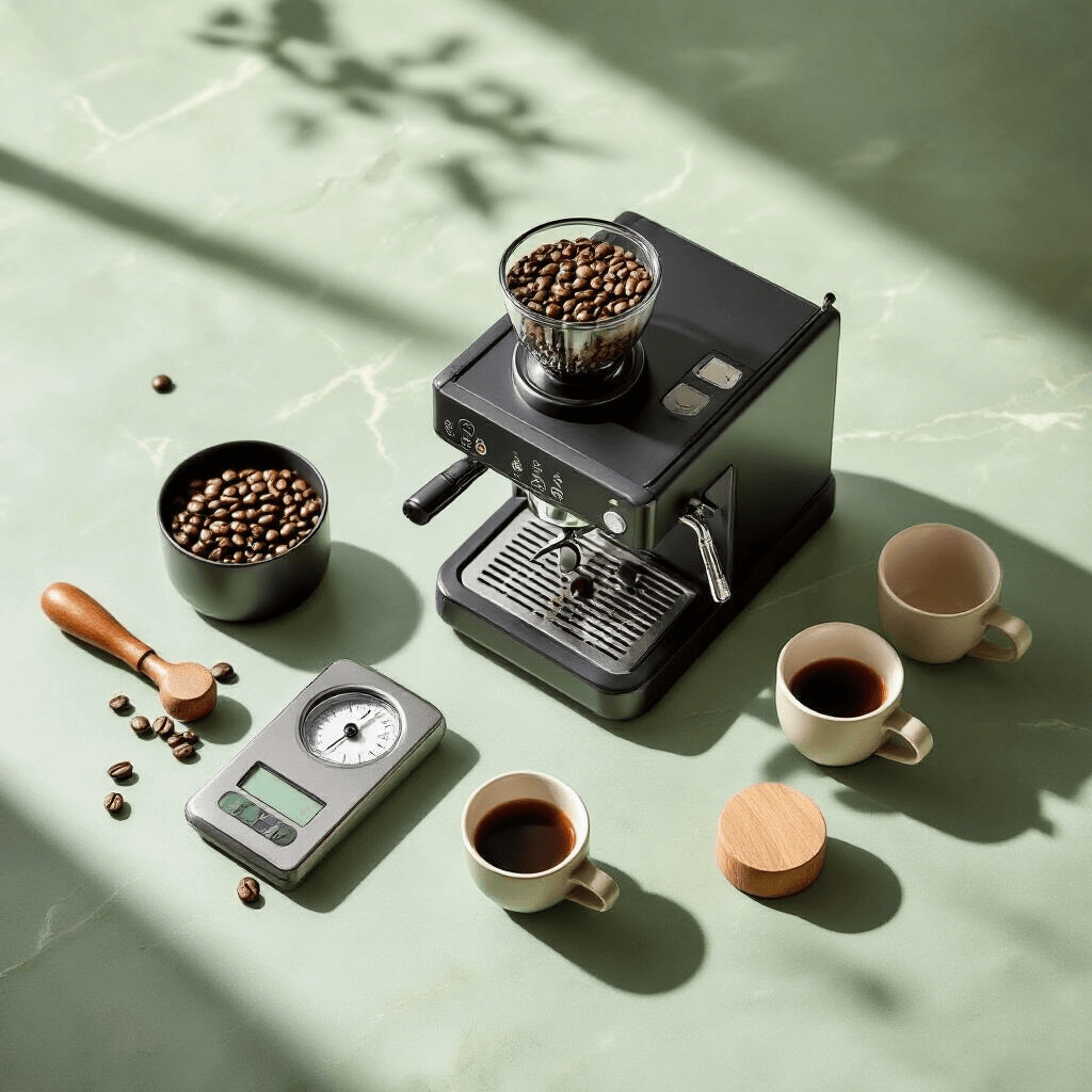 I Finally Figured Out Coffee and Espresso Makers (And You Can Too) A_flat_lay_image_of_a_coffee_and_espresso_machine_on_a_light_sage_green_marble_countertop_with_fresh_coffee_beans_in_a_black_container,_a_precision_scale,_a_wooden_tamper,_and_neutral-toned_espresso_cups,_bathed_in_soft_morning_light_and_creating_depth_and_texture.
