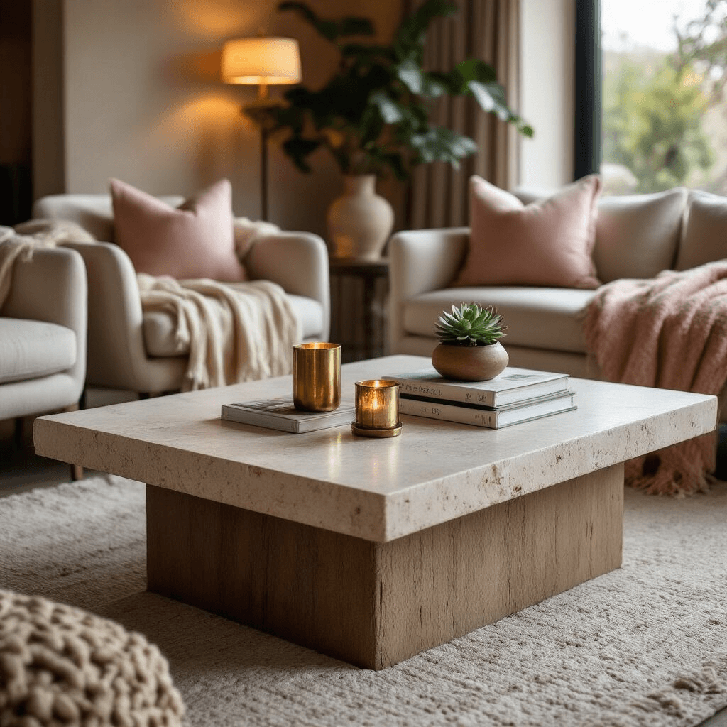 Travertine Coffee Tables: Everything You Need to Know Before You Buy An intimate living area featuring a rectangular travertine coffee table with a warm wood base, adorned with a vintage brass candle holder, design books, and a small succulent. Soft blush and cream textiles on nearby chairs complement the space, enhanced by warm evening lighting from floor lamps, creating a cozy atmosphere with textured elements like a chunky knit throw and woven cushions.