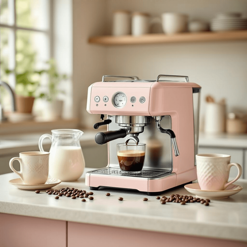 I Finally Figured Out Coffee and Espresso Makers (And You Can Too) A bright and airy kitchen with a whimsical coffee station featuring a Breville Bambino Plus espresso machine in pastel blush and cream tones, accented by a vintage milk glass pitcher, artisan ceramic cups, and scattered coffee beans, all softly illuminated by natural light.