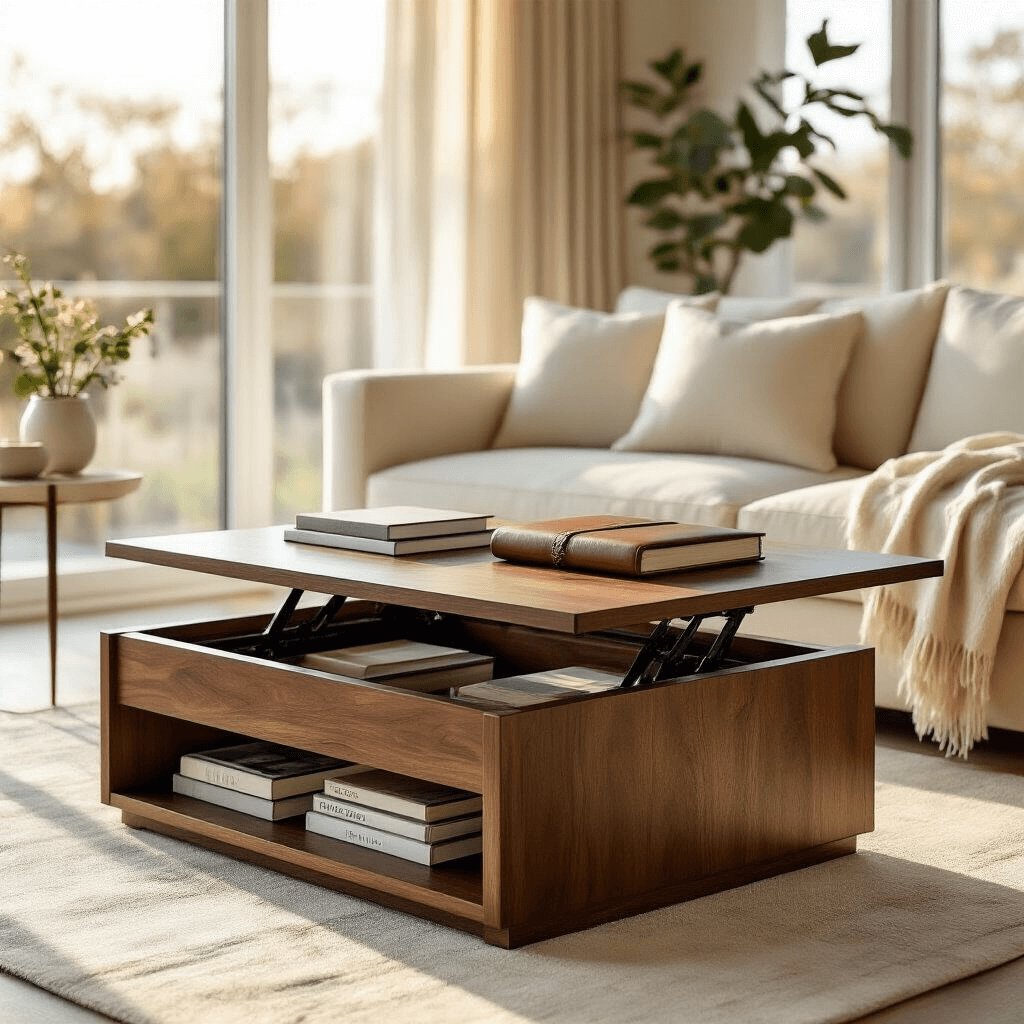 Coffee Tables With Storage: The Living Room Hero You Didn't Know You Needed A luxurious walnut finish lift-top coffee table in a bright Scandinavian living room, partially raised to reveal storage filled with books and a journal, bathed in warm golden hour sunlight.