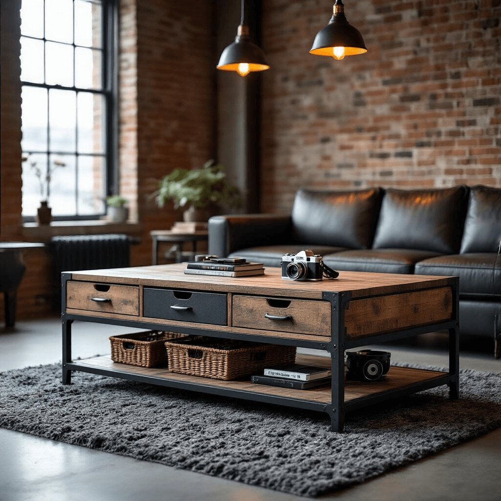 Coffee Tables With Storage: The Living Room Hero You Didn't Know You Needed Modern industrial coffee table with a matte black metal frame and reclaimed wood top, featuring drawer compartments and an open shelf with woven baskets and a vintage camera, set in an urban loft with exposed brick walls and ambient industrial lighting, with a charcoal rug underneath and a leather sectional nearby.