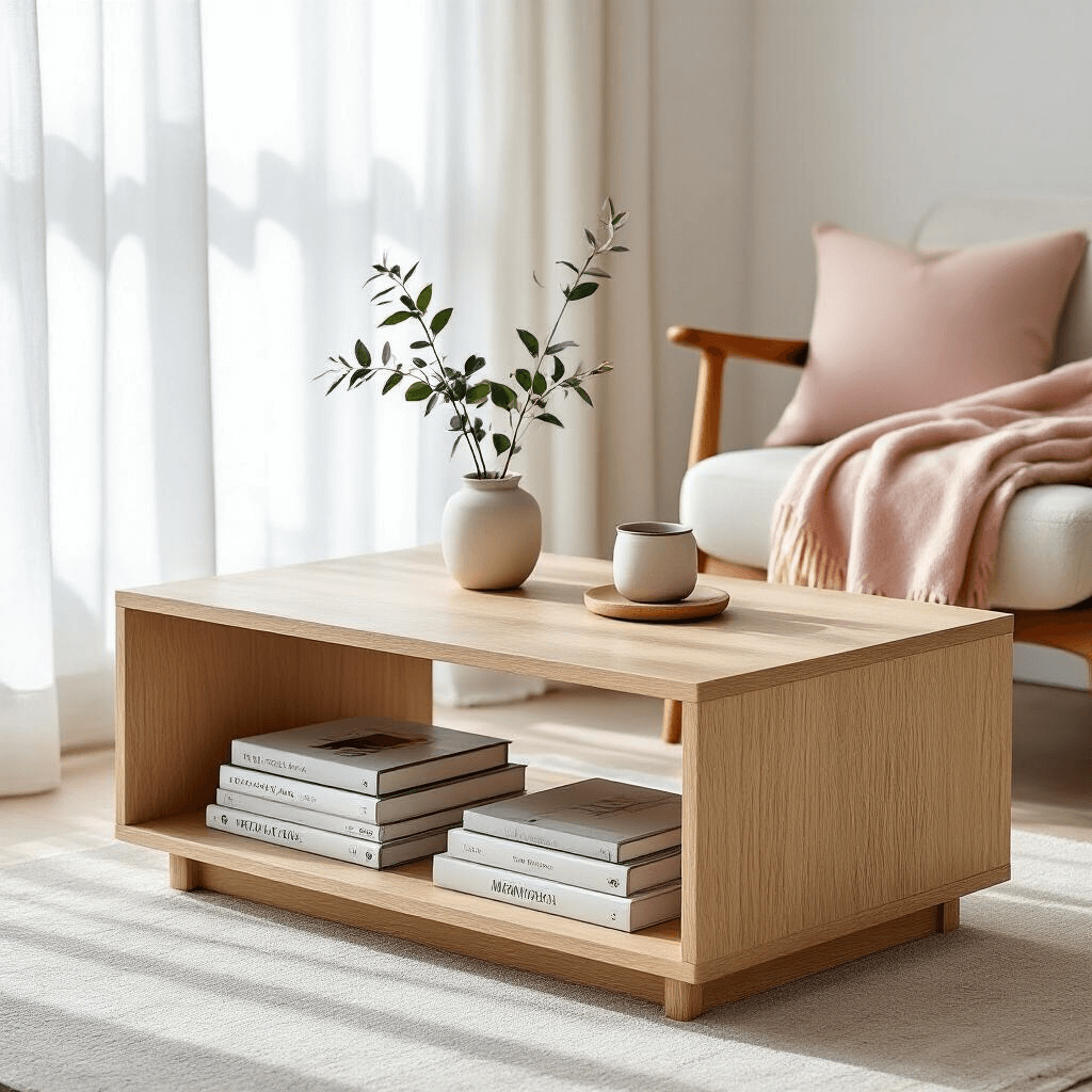 Coffee Tables With Storage: The Living Room Hero You Didn't Know You Needed A Scandinavian minimalist coffee table in light oak with clean lines sits in a bright apartment, illuminated by morning light. The table has an open lower shelf with colorful design books and a ceramic plant pot, while a soft blush pink throw blanket is neatly folded in its hidden storage. The space features sleek white walls and a mid-century modern chair, captured from a flat lay perspective that highlights the table's elegance and functionality.
