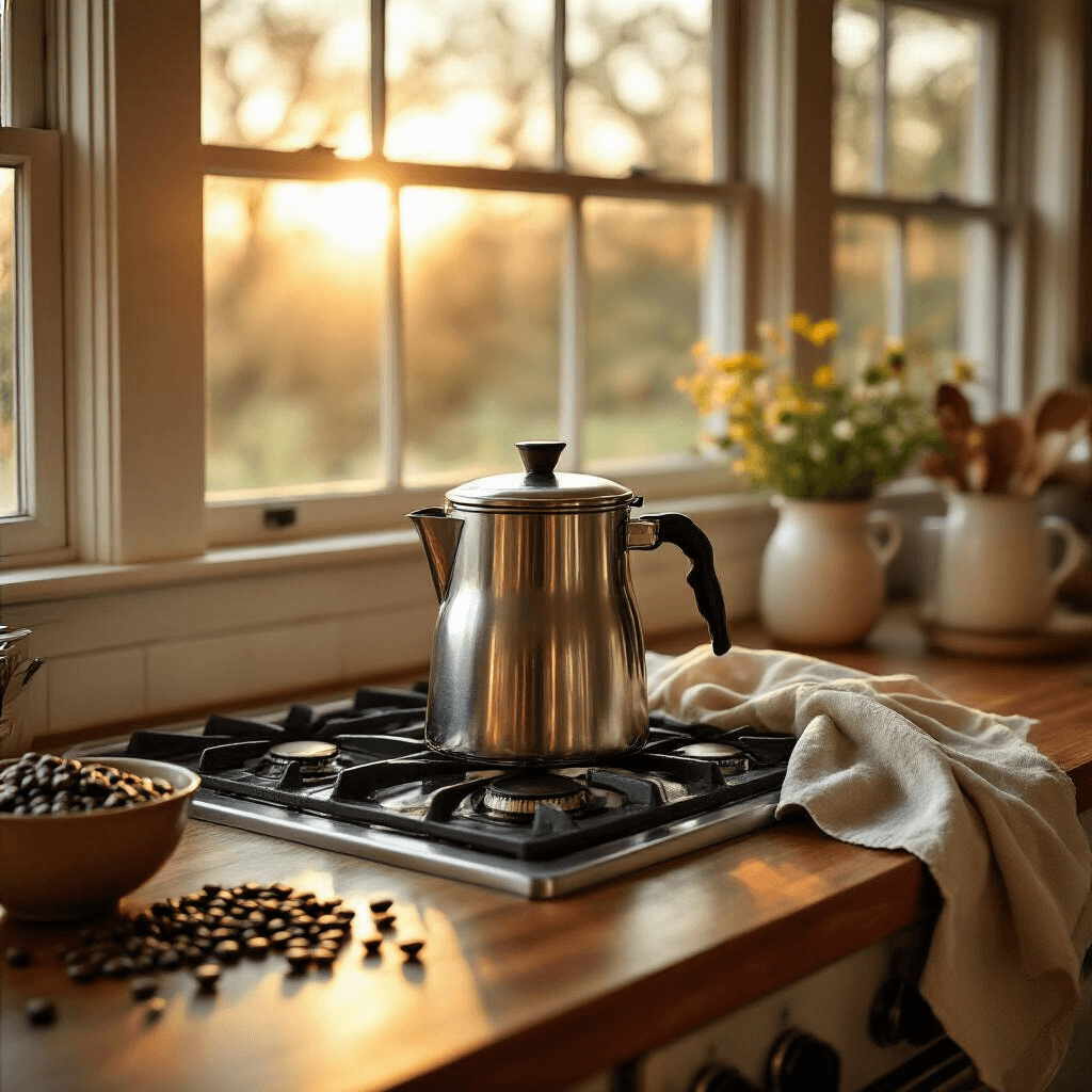 The Farberware Coffee Maker Guide: Everything You Need to Know Before You Buy A cozy kitchen scene at golden hour featuring a vintage Farberware stovetop percolator on a gas range, with rich mahogany countertops, scattered coffee beans, and a soft linen towel, all illuminated by warm morning sunlight streaming through large windows.