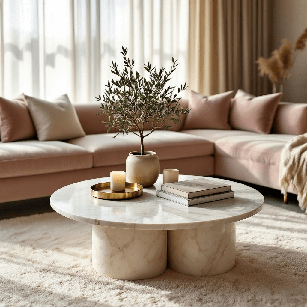 The Coffee Table That'll Make Your Living Room Actually Look Like Those Instagram Photos A luxurious living room bathed in golden hour sunlight, featuring a round marble coffee table with ivory edges on a plush cream rug, styled with a brass tray, stacked books, a potted olive tree, and ceramic candle holders. A velvet blush sectional sofa and organic wooden side tables add warmth to the inviting space.