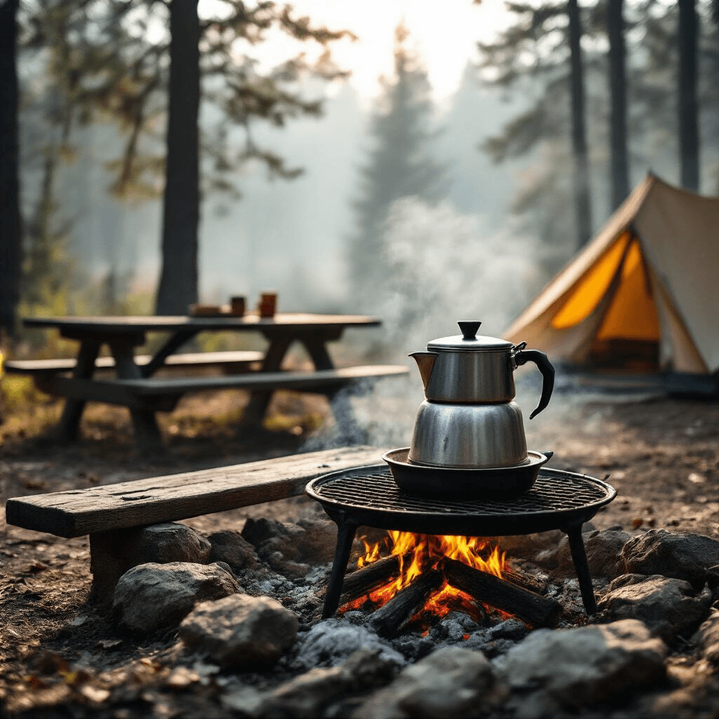 The Farberware Coffee Maker Guide: Everything You Need to Know Before You Buy A rustic camping scene featuring a Farberware stovetop percolator on a cast-iron campfire grate, surrounded by a weathered wooden picnic table and a canvas tent, with morning mist rising through pine trees and soft diffused sunlight enhancing the adventurous atmosphere of brewing wilderness coffee.