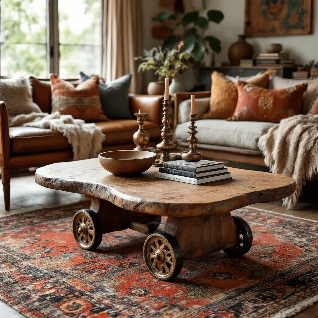 The Coffee Table That'll Make Your Living Room Actually Look Like Those Instagram Photos An eclectic bohemian living room featuring an organic-shaped wooden coffee table with a reclaimed oak top, intricate brass caster wheels, and surrounded by a vibrant Persian rug. The space is adorned with a hand-carved wooden bowl, vintage brass candlesticks, travel books, textured throw pillows, a chunky knit blanket, and a low-slung leather armchair, all illuminated by soft, evening light.