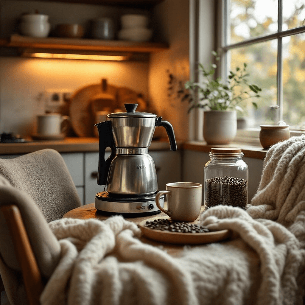 The Farberware Coffee Maker Guide: Everything You Need to Know Before You Buy A warm and inviting kitchen nook showcasing a vintage Farberware electric percolator alongside hand-thrown pottery mugs, minimalist glass jar of locally roasted coffee beans, and a soft wool throw over a mid-century modern chair, all illuminated by cozy amber lighting.