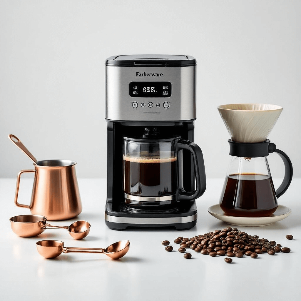 The Farberware Coffee Maker Guide: Everything You Need to Know Before You Buy Professional product photography of a modern Farberware dual-brew coffee maker, beautifully lit and surrounded by copper measuring spoons, a ceramic pour-over dripper, and whole coffee beans, set against a clean white background.