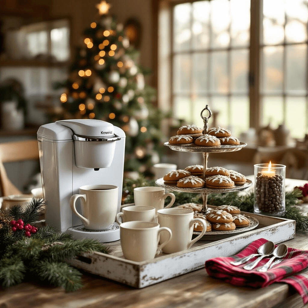 How I Set Up a Christmas Coffee Bar That Actually Wows Guests A beautifully arranged Christmas coffee bar in a sunlit farmhouse kitchen, featuring a white Keurig, cream-colored mugs, gingerbread cookies, pine garland, red plaid napkins, a glass hurricane with coffee beans, and a candle, with a softly blurred Christmas tree in the background.