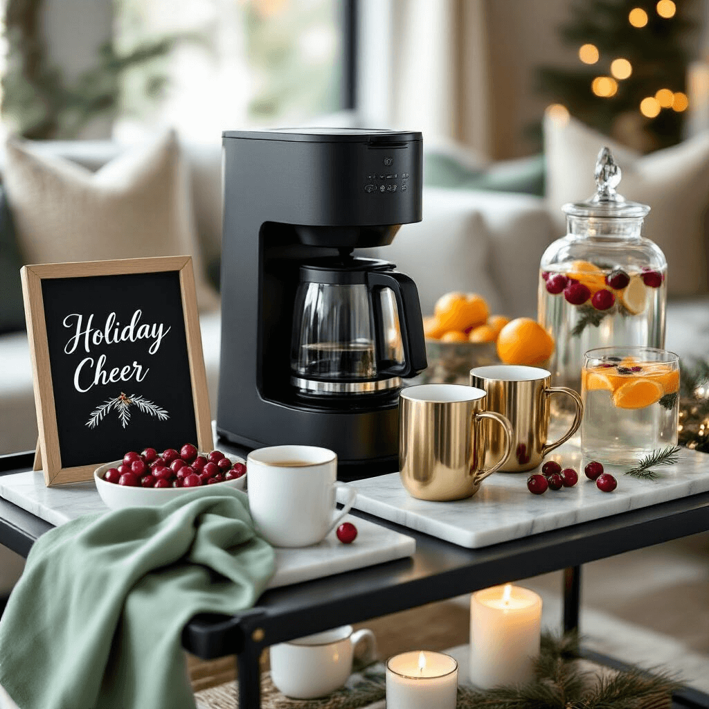 How I Set Up a Christmas Coffee Bar That Actually Wows Guests An elegant mobile bar cart in a modern minimalist living room, featuring a sleek black coffee maker, asymmetrically arranged gold and white mugs on marble trays, soft sage green napkins, glass containers of coffee pods, cranberry and tangerine infused water in a crystal dispenser, fairy lights, a pine-scented candle, and a chalkboard sign reading 'Holiday Cheer' in elegant calligraphy.