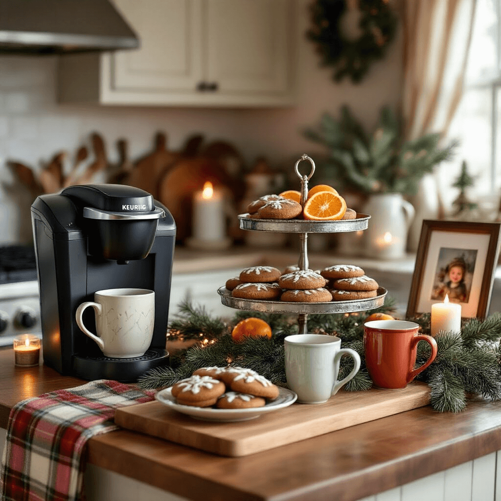 How I Set Up a Christmas Coffee Bar That Actually Wows Guests A cozy Christmas coffee corner featuring a Keurig machine on a wooden cutting board, surrounded by mismatched vintage mugs in soft holiday colors, a tiered silver stand with homemade gingerbread and clementine slices, fresh pine garland, candlelight, and a framed family photo, all enhanced by warm terracotta and cream tones with natural morning light filtering through lace curtains.