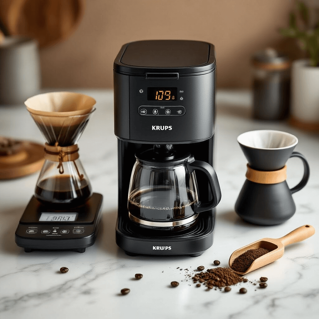 KRUPS Coffee Makers: Everything You Need to Know Before You Buy A stylish flat-lay image of a 12-cup programmable KRUPS coffee maker with thermal carafe on a marble countertop, featuring coffee accessories like a digital scale, ceramic pour-over dripper, matte black storage canister of whole beans, and a wooden scoop, all under warm lighting and soft shadows.