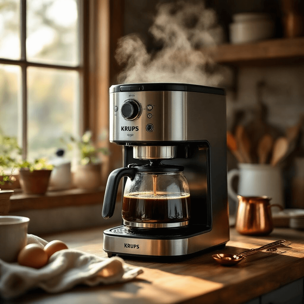 KRUPS Coffee Makers: Everything You Need to Know Before You Buy A cozy kitchen scene featuring a 10-cup KRUPS coffee maker, steam rising from the carafe under warm tungsten lighting, with rustic wooden surfaces and vintage copper measuring spoons in the blurred background. Morning light streams through a large window, highlighting the stainless steel details of the coffee maker amidst a lived-in atmosphere.