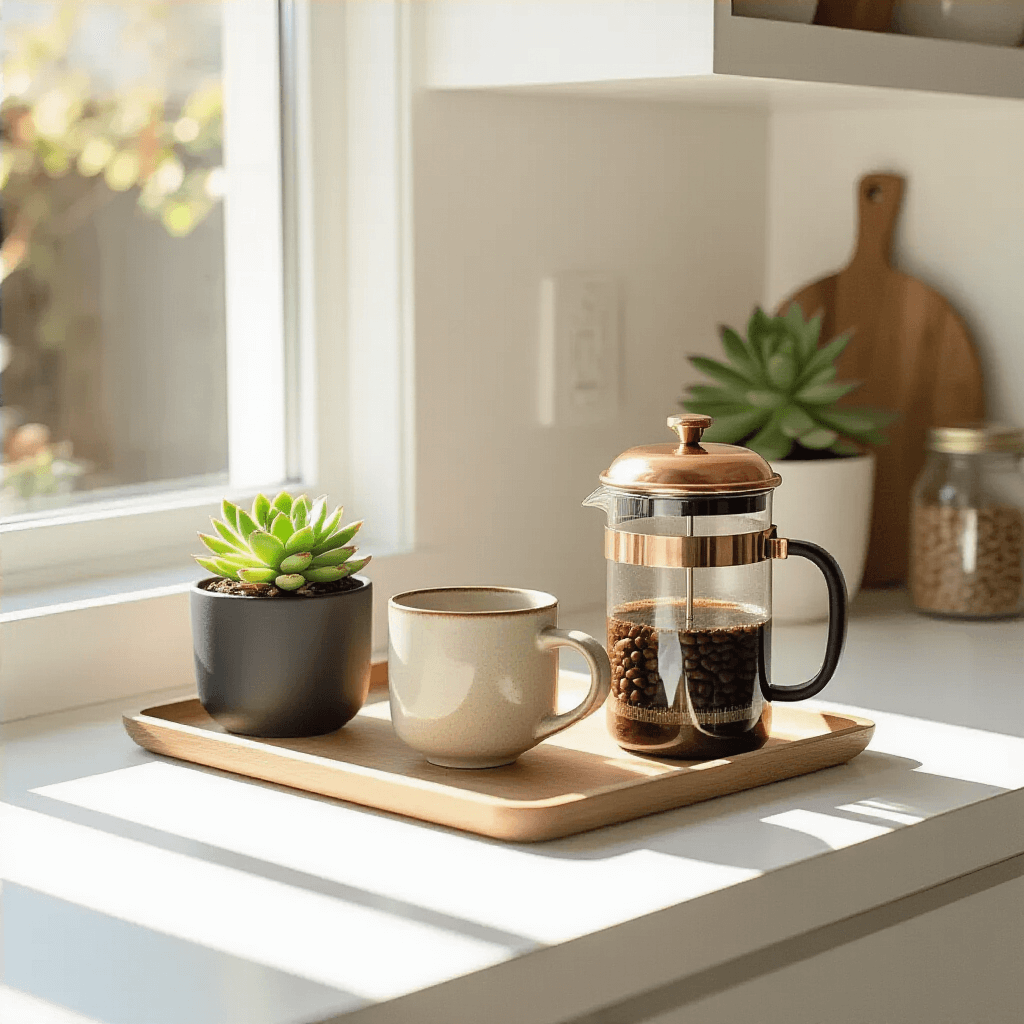 Coffee Nook Ideas for Small Spaces That Actually Work A bright kitchen corner featuring a minimalist coffee nook with a copper French press, a handcrafted ceramic mug, a glass jar of artisan coffee beans, and a small succulent in a matte black pot on a white floating shelf, accompanied by warm wooden textures from a slim tray.